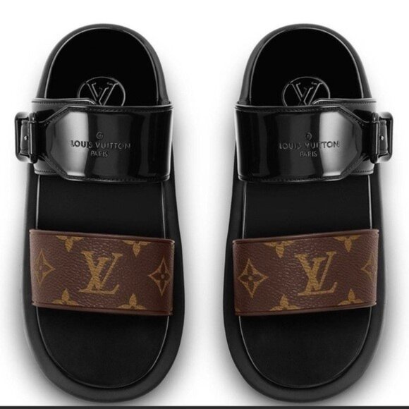 Louis Vuitton Sunbath Flat Mules in Brown Monogram Canvas & Black Rubber - Picture 1 of 9